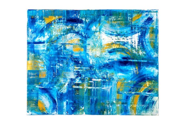 Abstraktes Bild von Carell in Blau- und Gelbtönen, Mai 2018, 200 x 162 cm, Acryl auf Leinwand